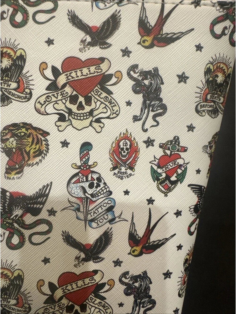 NWT Ed Hardy Clutch Cosmetic Bag White Tattoo  Y2K Style 12” W By 8” H Spacious